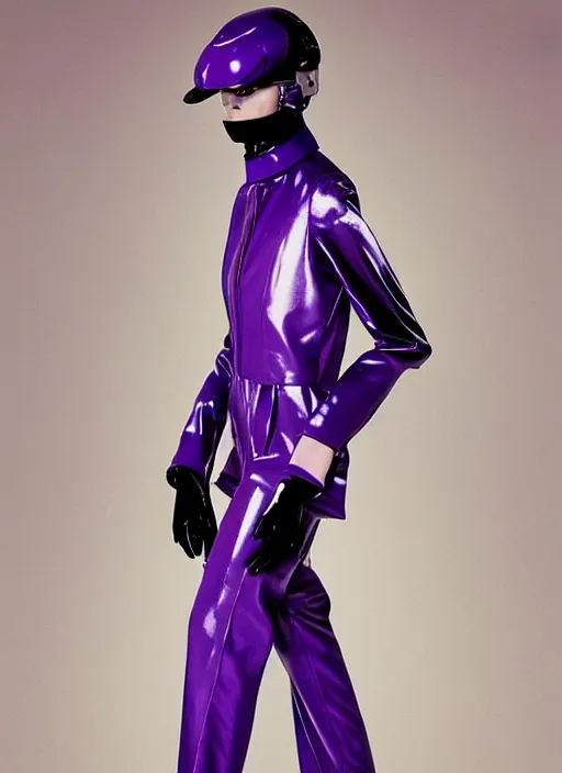 Image similar to a portrait by nick knight of a japanese girl detailed features wearing a pilot suit wedding dress synthetic materials, jumpsuits chic'techno fashion trend by balenciaga dramatic purple light