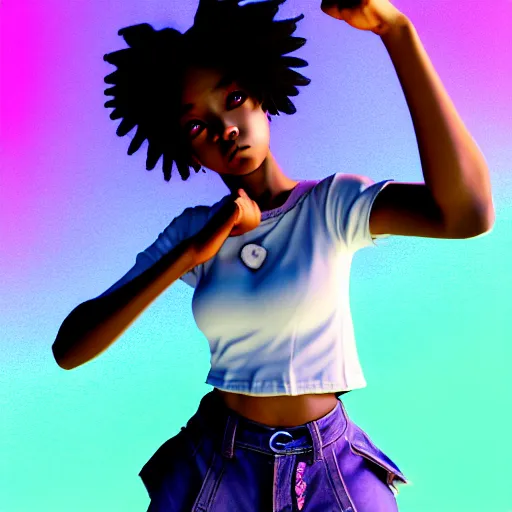 Prompt: portrait of black anime manga girl, throwing punch pose towards camera, french bob hair, white hair, by gustave dore, vaporwave colors, lofi colors, vaporwave, lofi, goth vibe, 4 k, smooth, hd, substance designer render, full body character concept art, 2 point lighting,