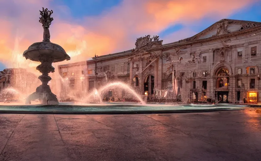 Prompt: a beautiful photo of a roundabout with an italian sculptural fountain shooting fire instead of water, sunset lighting, intricate detail, photorealistic