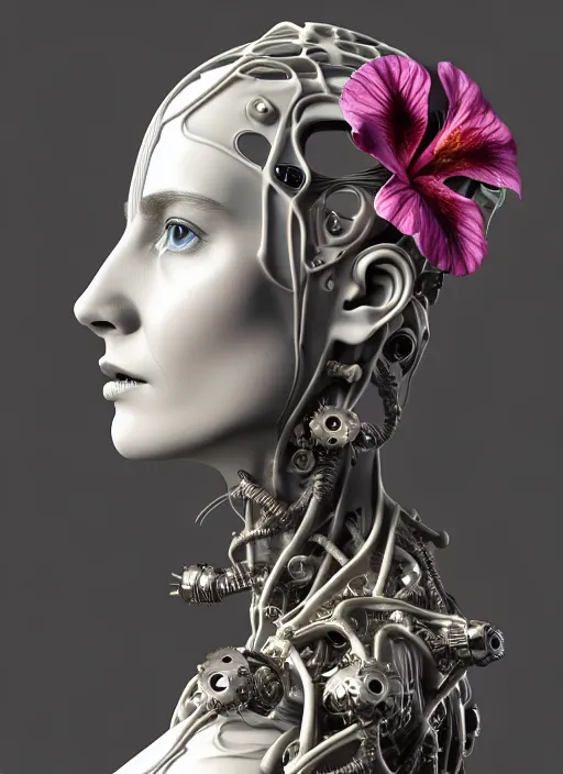 Prompt: bw 3 d model, biomechanical female cyborg with porcelain profile face and a big floral eye, big leaves foliage and stems, morning glory flowers, hibiscus flowers, boho floral vines, sinuous fine roots, fine filigree foliage lace, alexander mcqueen, rim light, art nouveau fashion pearl embroidered, steampunk, redshift render, artstation, 8 k