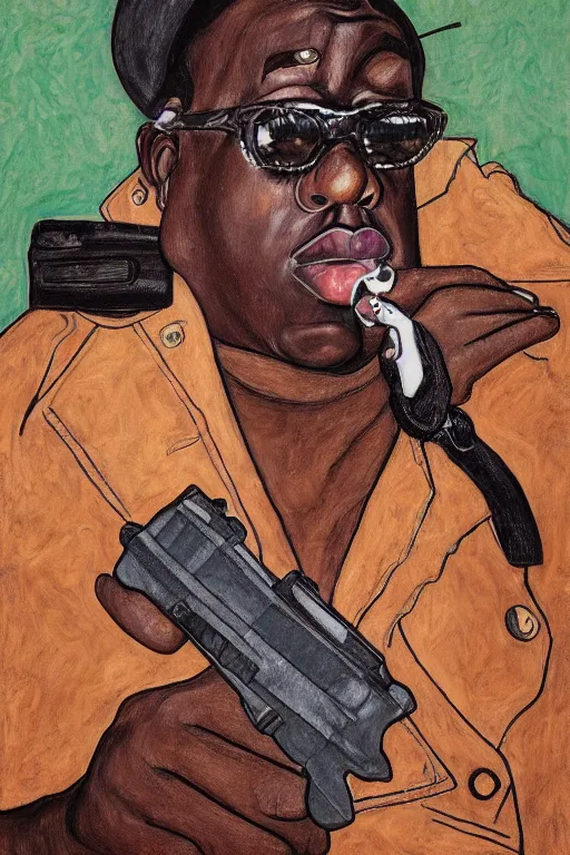 Image similar to a portrait of biggie smalls holding a gun in style of egon schiele, masterpiece, hyperdetailed, complex, intricate, 4 k, trending on artstation