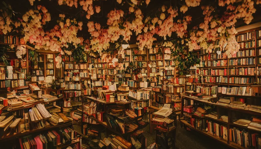 Image similar to a Wes Anderson 35mm film still of a very surreal magical bookstore with a beautiful waterfall inside, apothecary, botanical garden, falling cherry blossoms pedals, in the style of Gucci, glowing lights and floating lanterns, foggy atmosphere, rainy, moody, muted colors, magic details, very detailed, 8k, cinematic look, octane render, psychedelic,