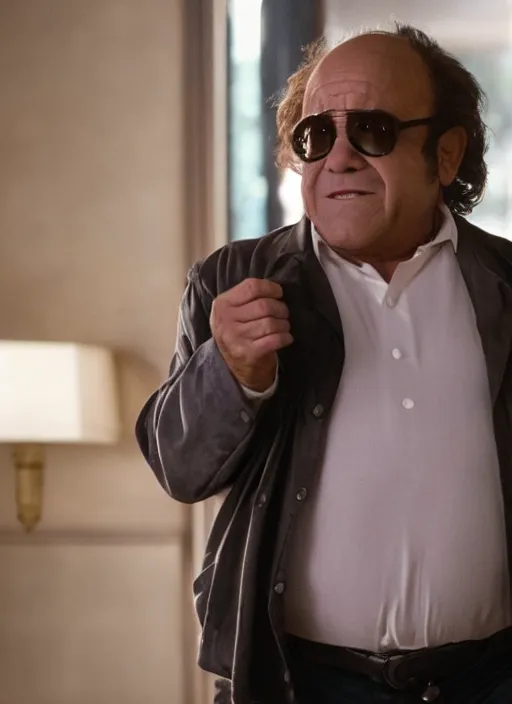 Prompt: film still of Danny DeVito as Martin Riggs in Lethal Weapon, 4k