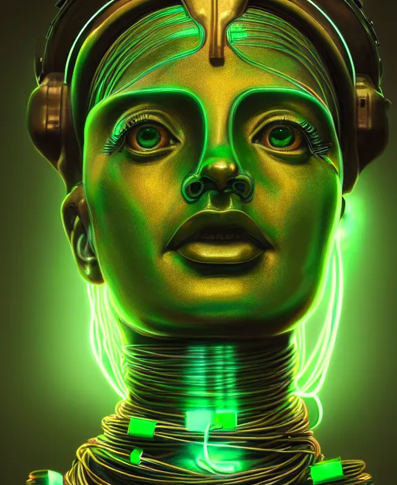 Prompt: statue of liberty robot, perfect face, symmetrical eyes, green skin, exposed wires and neon, cinematic, stunning, elegant, highly detailed, psychedelic, digital painting, artstation, smooth, hard focus, illustration, art by jessica rossier and and brian froud