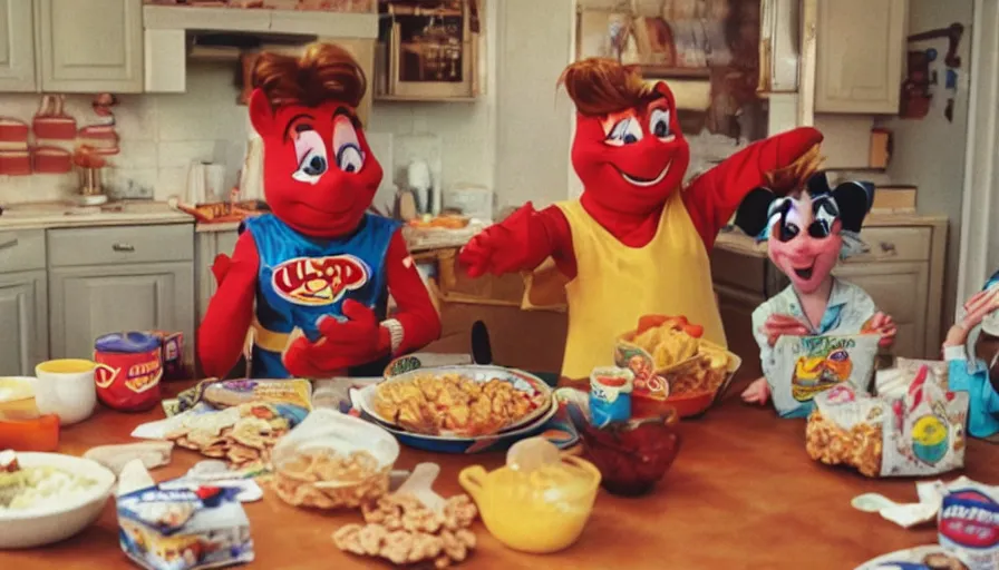 Image similar to 1 9 9 0 s candid 3 5 mm photo of a beautiful day in the family kitchen, cinematic lighting, cinematic look, golden hour, an absurd costumed mascot from the jimbles the super pony show is eating all of the kids cereal, the kids are hungry and the mascot is eating all of their food, uhd