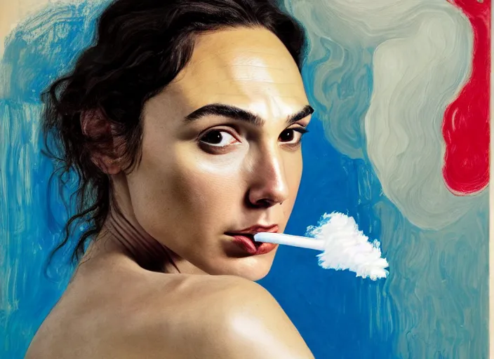 Image similar to portrait of gal gadot smoking a sigaret, by vincent lefevre and hernan bas and pat steir and hilma af klint, psychological, photorealistic, dripping paint, washy brush, rendered in octane, altermodern, masterpiece