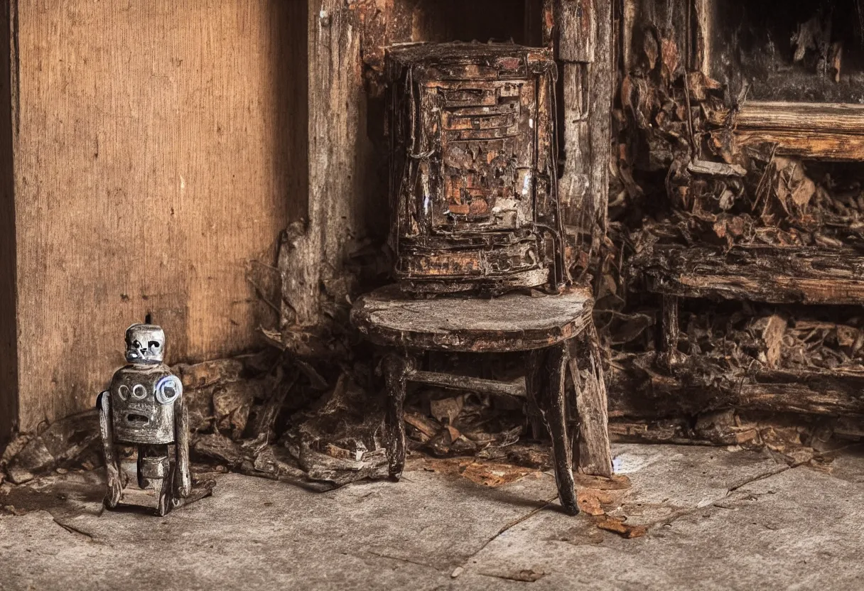 Prompt: An intimate extreme closeup photograph of a single lonely robot sitting on a aged wooden rocking chair in front of a single beautiful fireplace in a dilapidated Victorian home