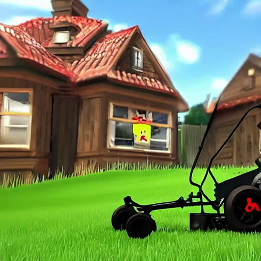 Image similar to lawnmower simulator 2 0 2 1, rtx 3 0 5 0, gameplay footage, surrealism mod