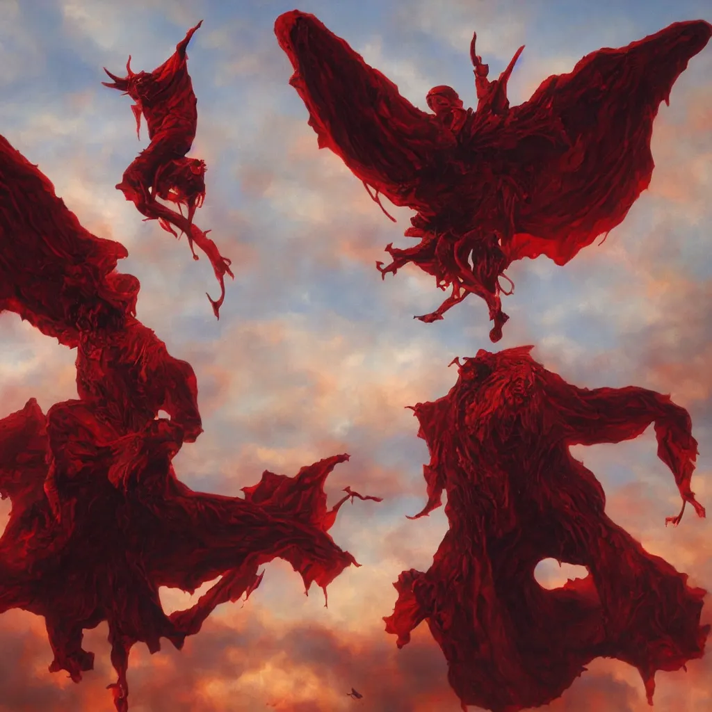 Image similar to realistic painting of a huge bloody satanic figure flying in the sky by michael whelan, ultra realistic, 8 k, streched and creepy painting. trending on, octane renderer, mesmerizing, aesthetic, beautiful