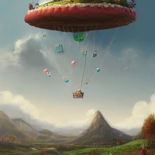 Prompt: a giant floating cake, with giant floating balloons above a beautiful landscape. digital art, highly - detailed, artstation cgsociety masterpiece