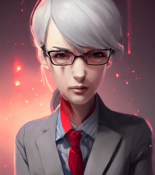 Image similar to a girl in a business, close up, sharp focus, red necktie and grey hair, digital painting, by tran ross and jordan grimmer and greg rutkowski, anime art, artstation, hd, smooth,