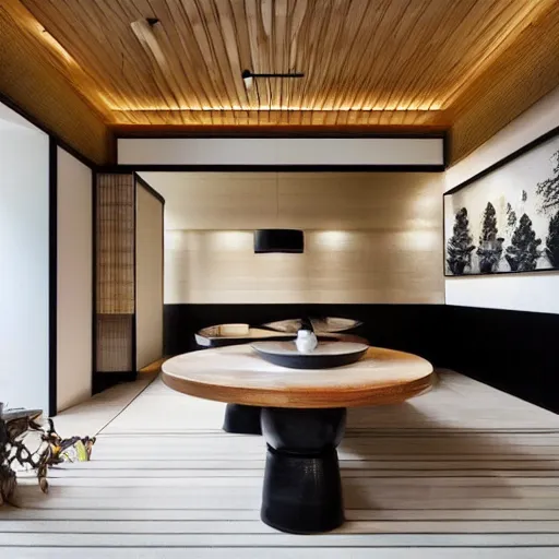 Image similar to lounge and dining room, stone, interior design, stylish luxury hotel living room design, yakisugi, black vertical slatted timber, textures, feminine, black walls, art, Japanese pottery vase with flowers, kakejiku, seasonal, Japanese influences