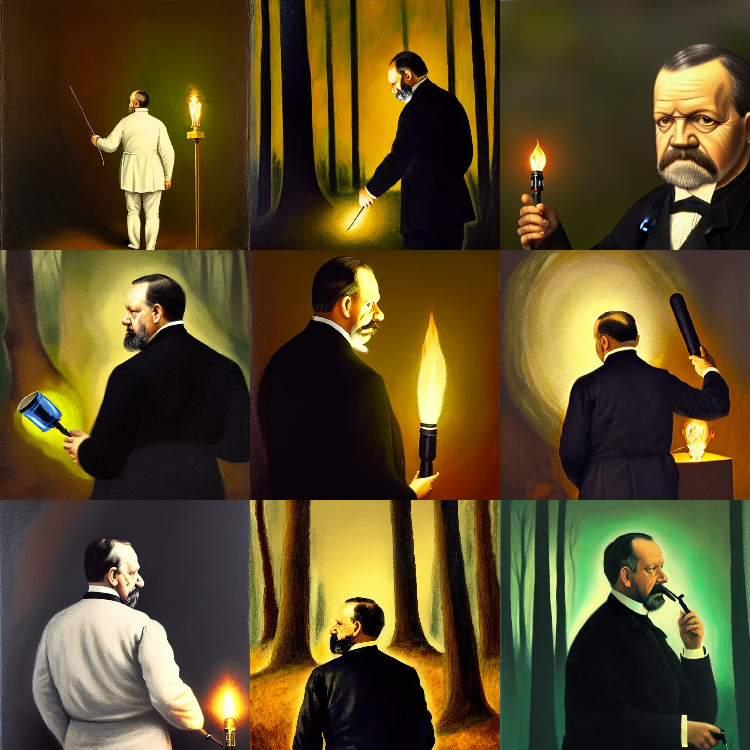 Prompt: Back-view, long shot, photorealistic painting of Louis Pasteur with a torch in a dark forest