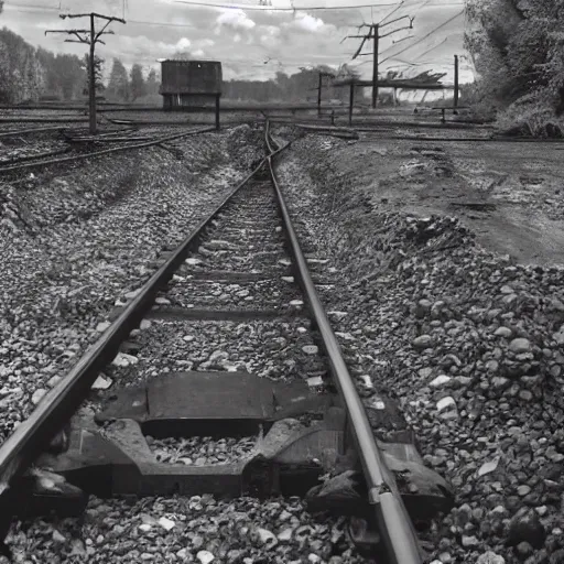 Prompt: the railroad is a place of death. it's where the forgotten and the damned go to die. it's a place of dark secrets and hidden terror. high detail, 4 k