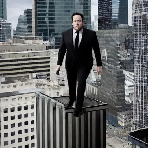 Image similar to Jon Favreau as clean-shaven Happy Hogan wearing a black suit and black necktie and black dress shoes is climbing up the side of a tall building in an urban city. The sky is filled with dark clouds and the mood is ominous.
