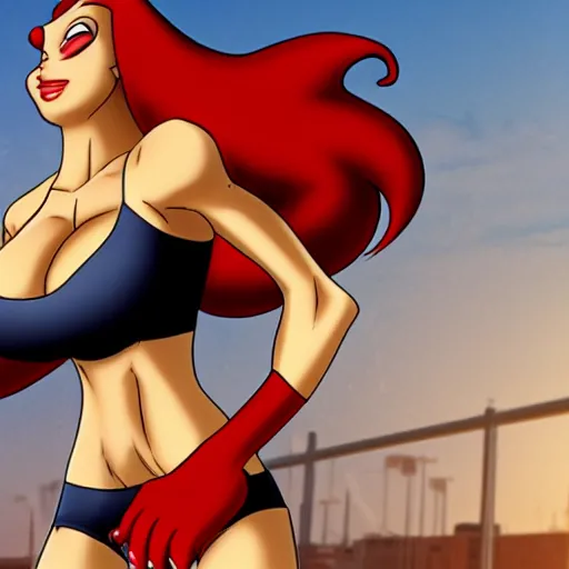 Image similar to jessica rabbit working out in a fintess gym, hd, anime, detailed