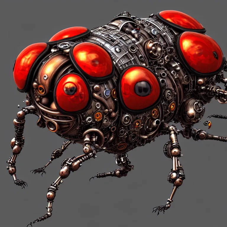 Image similar to steampunk ladybug, cybernetic, biomechanical, very coherent symmetrical artwork, 3 d model, unreal engine realistic render, 8 k, micro detail, intricate, elegant, highly detailed, centered, digital painting, artstation, smooth, sharp focus, illustration, wlop