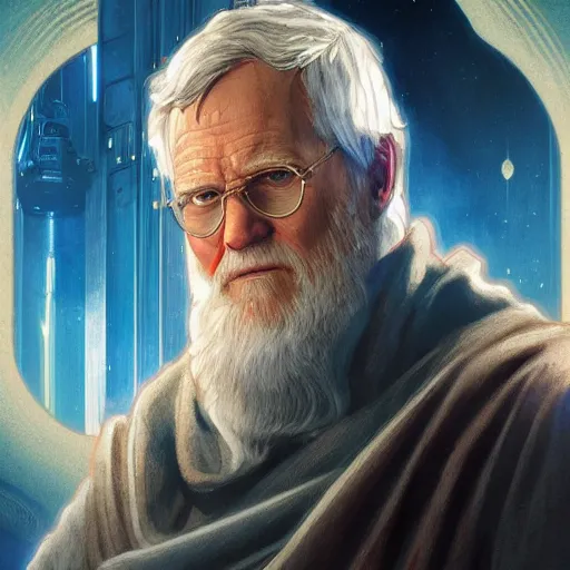 Image similar to david letterman as old obi wan kenobi, art by artgerm and greg rutkowski and charlie bowater and magali villeneuve and alphonse mucha