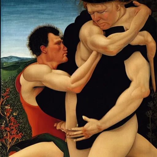 Prompt: conan o'brien and andy richter wrestling, by sandro botticelli, oil on canvas