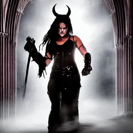 Image similar to michelle rodriguez as a female demon in a gloomy gothic cathedral at night