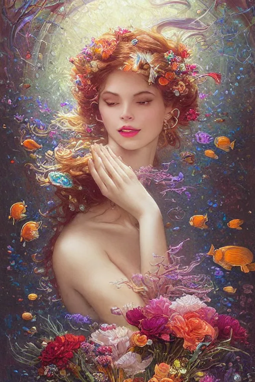 Image similar to portrait of a beautiful mysterious woman holding a bouquet of flowing flowers, hair flowing upwards, small bubbles from her mouth, hands hidden under the bouquet, submerged underwater filled with colorful small fish and coral reef, fantasy, regal, intricate, by stanley artgerm lau, greg rutkowski, thomas kindkade, alphonse mucha, loish, norman rockwell