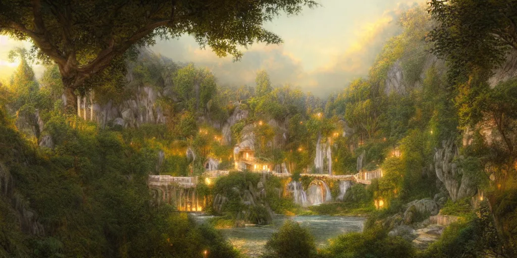 Image similar to Rivendell, looking out from the balcony, evening, detailed matte painting, cinematic, Alan Lee, Artstation