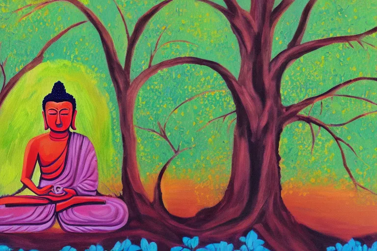 Image similar to painting of a peaceful buddha meditating under a tree, acrylic art, calm, soothing, cosy, elegant, soft light,