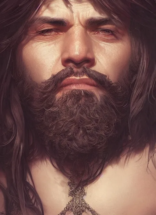 Prompt: close up portrait painting of a bearded rockstar, back and rim lighting, ultra realistic, concept art, intricate details, serious, highly detailed, photorealistic, octane render, 8 k, unreal engine. art by artgerm and greg rutkowski and alphonse mucha