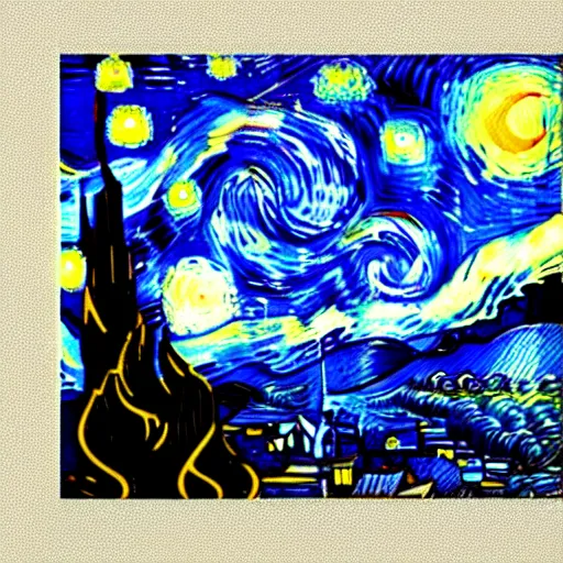 Image similar to Starry night by Vincent van Gogh on an easel, 3d render, high resolution, highly detailed, octane render