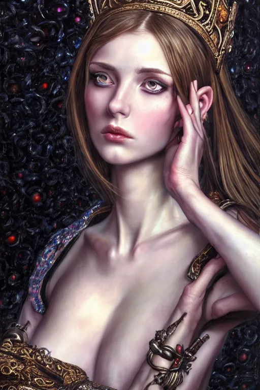 Image similar to high quality extremely detailed closeup portrait of a young attractive female necromancer looking away from the camera, dressed, realistic eyes, sparkle in eyes, no hands visible, baroque architecture in background, fantasy, d & d, intricate, painting by lucian freud and mark brooks, hd