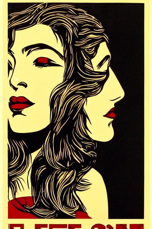 Image similar to Shepard Fairey poster of a Greek Goddess posed in profile, she has beautiful bone structure and long hair. Eyes closed. highly detailed, ornate, Art Deco