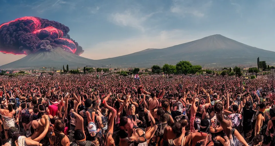 Prompt: mosh pit at edm music festival in pompeii while mount vesuvius is erupting, fresco