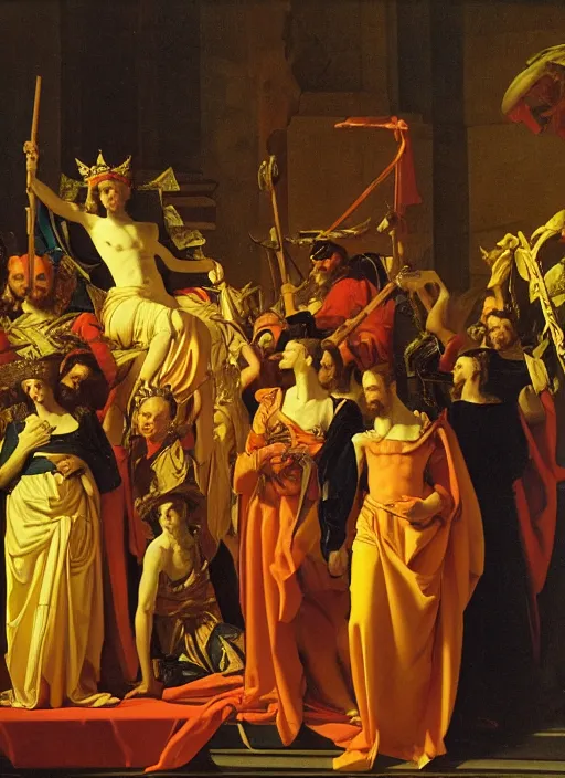 Image similar to the glorious sun king in the glorious court of france. art by georges de la tour and simon vouet, oil on canvas