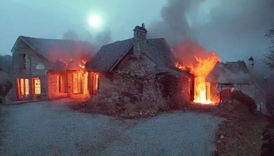 Image similar to mini dv camera found footage of a heavy burning french style little house by night in autumn, in a small northern french village, by sony mini dv camera, heavy grain, low quality, high detail, dramatic light, anamorphic, flares