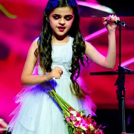 Prompt: Angelina Jordan singing on stage with a bouquet of flowers in her hair