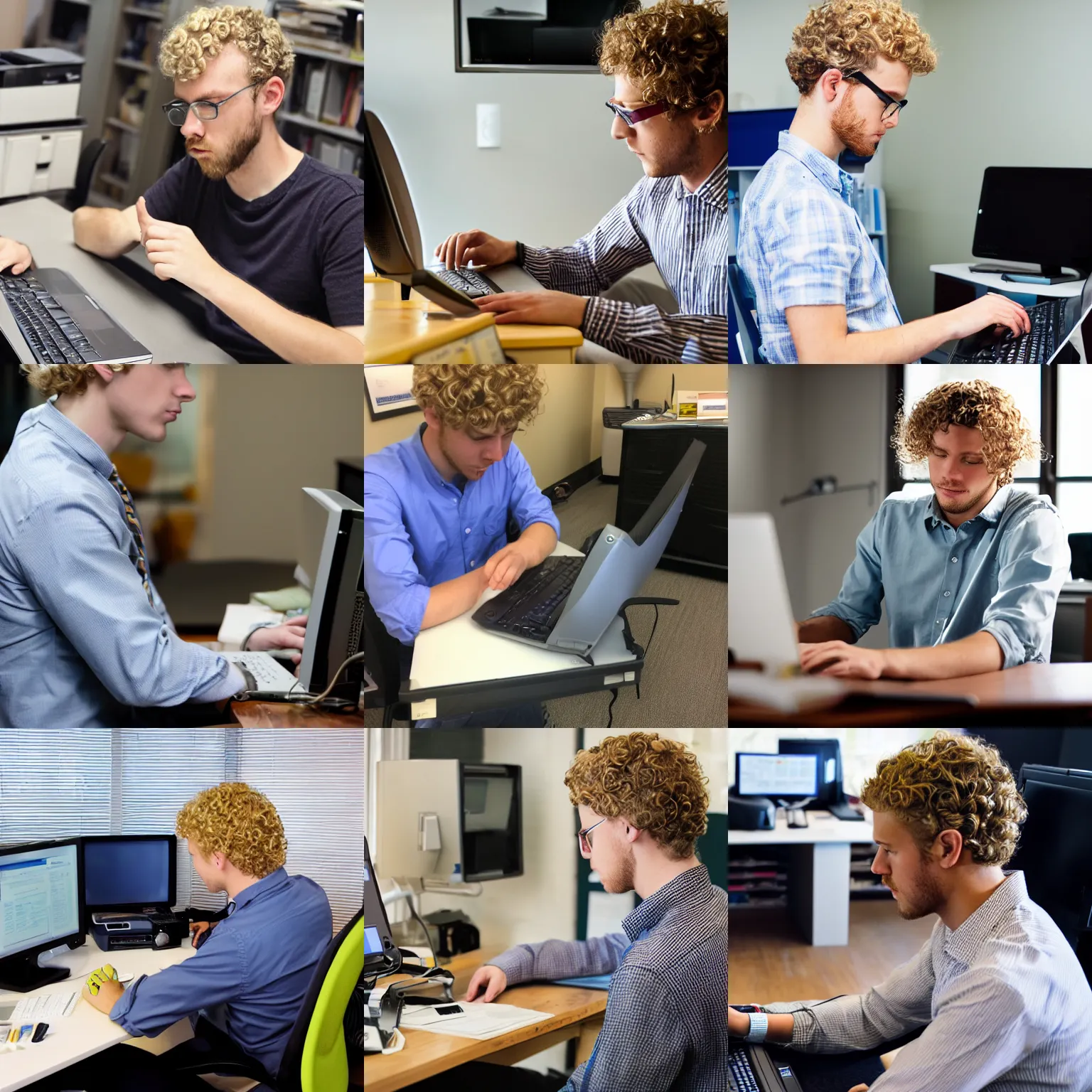 Prompt: a curly blonde haired guy named Jeffrey works diligently on his computer