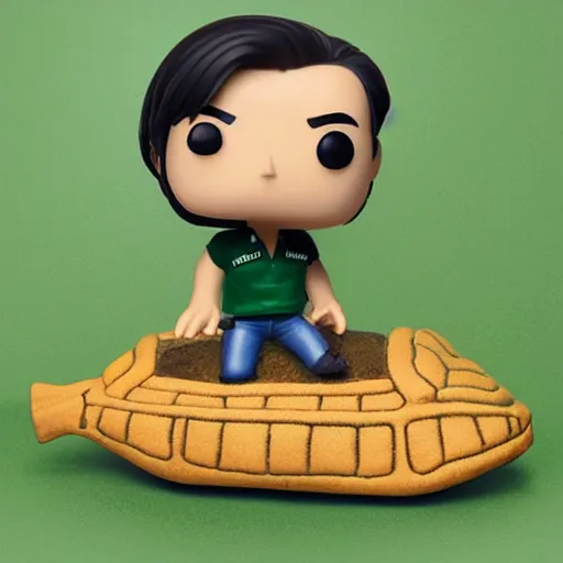 Prompt: funko pop wearing green shirt riding a giant turtle