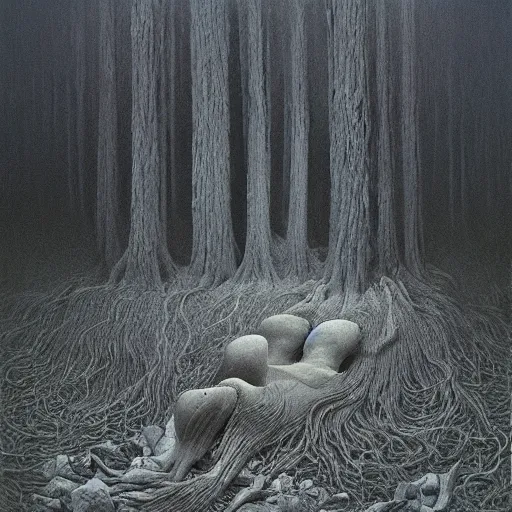 Prompt: camp by Zdzisław Beksiński, oil on canvas