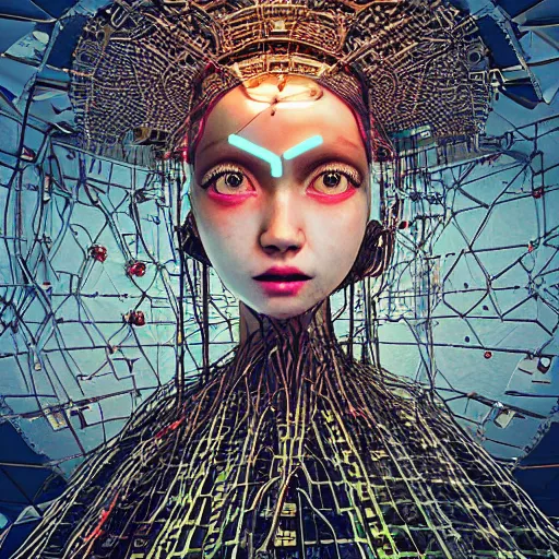 Prompt: space station on the moon, piles of modular synth cables mixed with mangrove roots, kawaii puerto rican goddess staring through your soul wearing a headpiece made of circuit boards, by cameron gray, wlop, stanley kubrick, masamune, hideki anno, jamie hewlett, unique perspective, trending on artstation, cinematic, 3 d render, vivid
