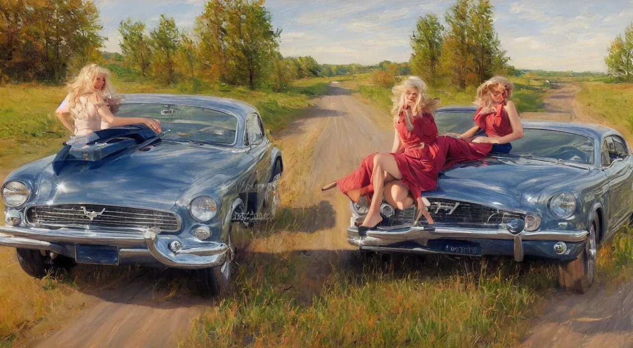 Image similar to 1950 blonde driving a mustang on a country road, Swedish countryside, freedom, dawn, impressionism, realistic, painting by Vladimir Volegov, artstation, beautiful, masterpiece