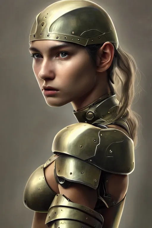 Image similar to a photorealistic painting of an attractive young girl, partially clothed in metal-plated battle armor, olive skin, long dark hair, beautiful bone structure, symmetrical face, perfect eyes, intricate, elegant, digital painting, concept art, illustration, sharp focus, minimal artifacts, from Metal Gear, in the style of Ruan Jia and Mandy Jurgens, by Greg Rutkowski, trending on Artstation, award winning