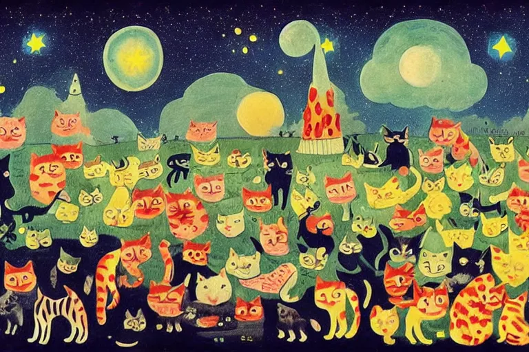 Image similar to night starry sky full of cats, style of henri rousseau and richard scarry and hiroshi yoshida