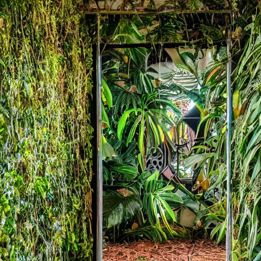 Image similar to sunrise in a tropical jungle, lighting a door that is overgrown with vines, leaves on the ground, small window with a light inside, sun rays, beautiful steel wall covered in geometric artwork, extreme detail, 8k