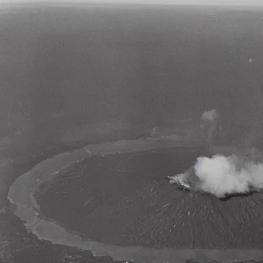 Image similar to a large nuclear crater in manhattan, a destroyed forest is in the distance, there is smoking coming from the city, taken from a plane, realistic, taken on a ww 2 camera.