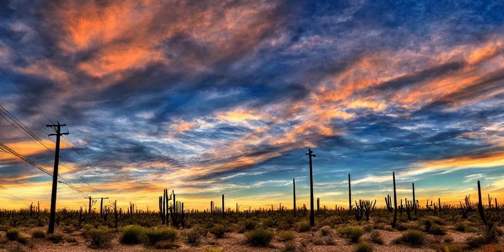 Prompt: long road telephone poles clouds sunset desert cactus photography HDR 8k