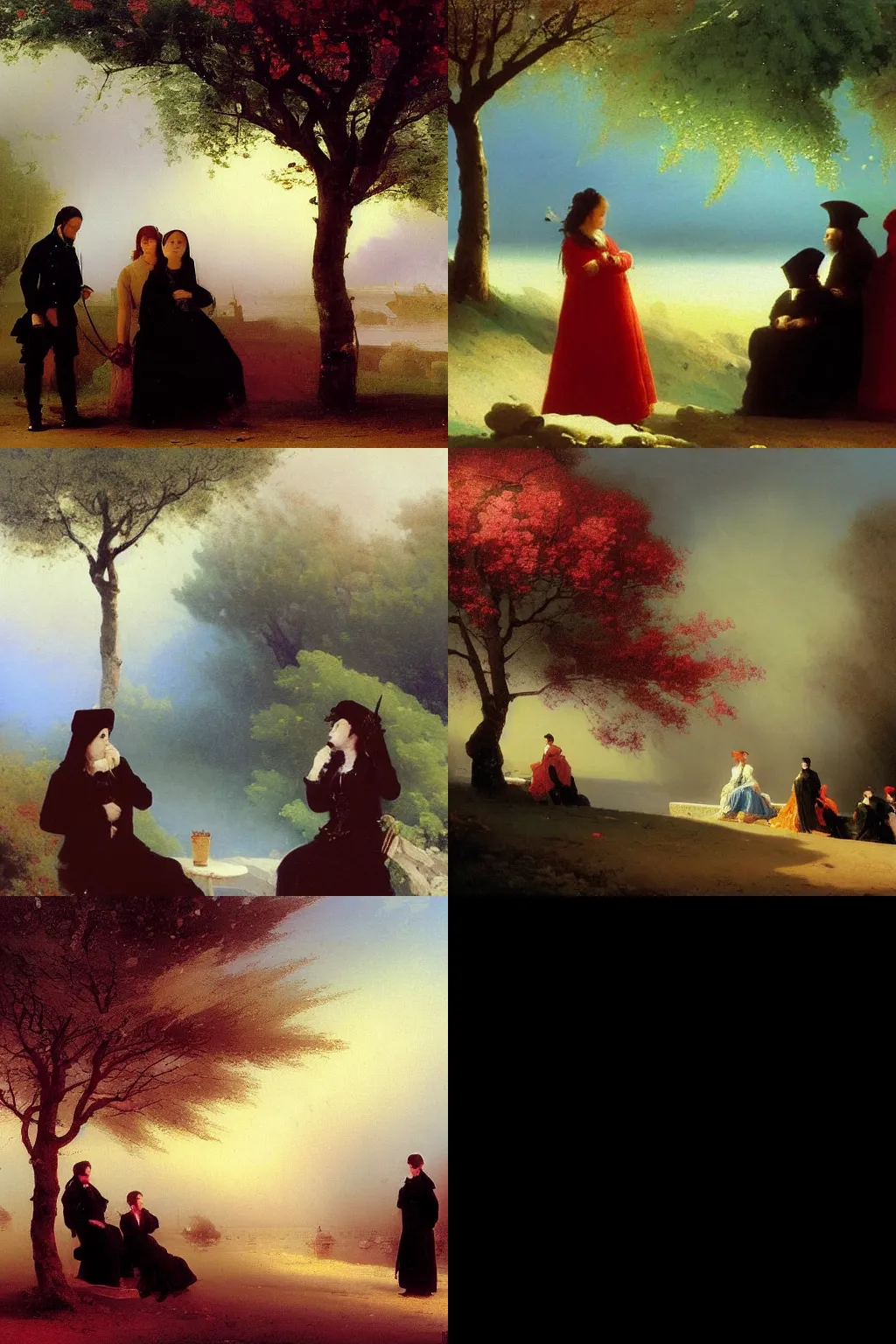 Prompt: an hd painting by ivan aivazovsky. three goths loitering in the shade, talking beneath a cherry tree outside a blockbuster video store.