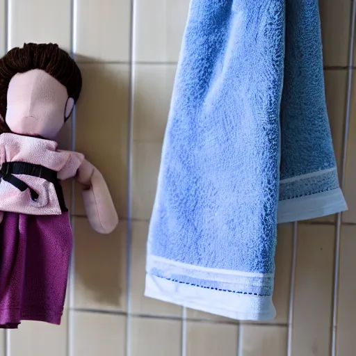 Image similar to a doll tied to a towel rack in the bathroom with a fabric belt