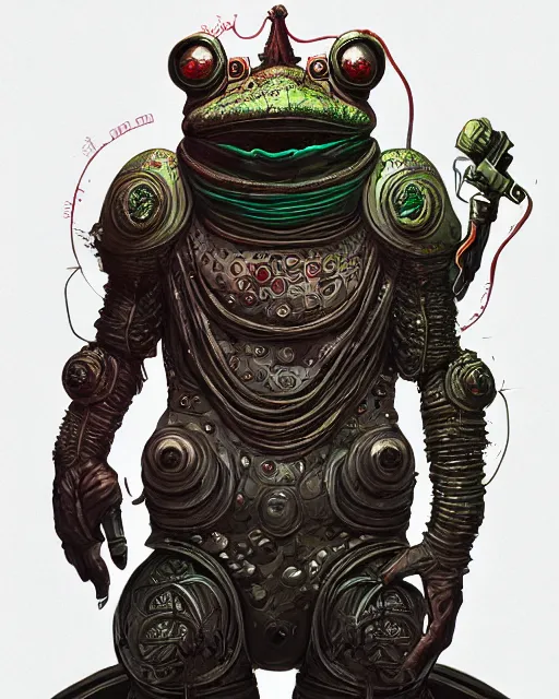 Prompt: a slimy anthropomorphic toad king wearing ornate cyberpunk armor, smooth, intricate, elegant, digital painting, artstation, steam, grungy steel, concept art, sharp focus, octane render, illustration, art by josan gonzalez,