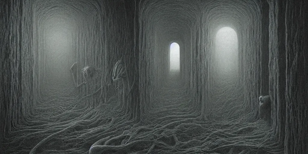 Image similar to liminal backroom afterlife by Zdzislaw Beksinski