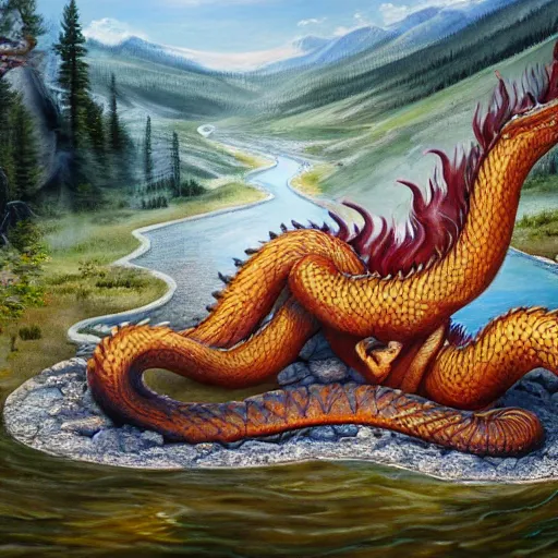Image similar to snake - like dragon sitting in a hotspring at yellowstone national park, highly detailed oil painting, featured on artstation